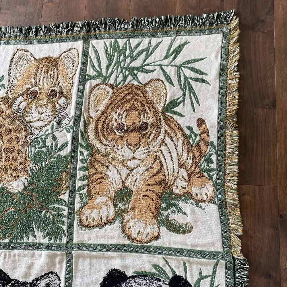 Vintage Rug Barn Natures Endangered Cotton Blanket Baby Panda Fox Lion
